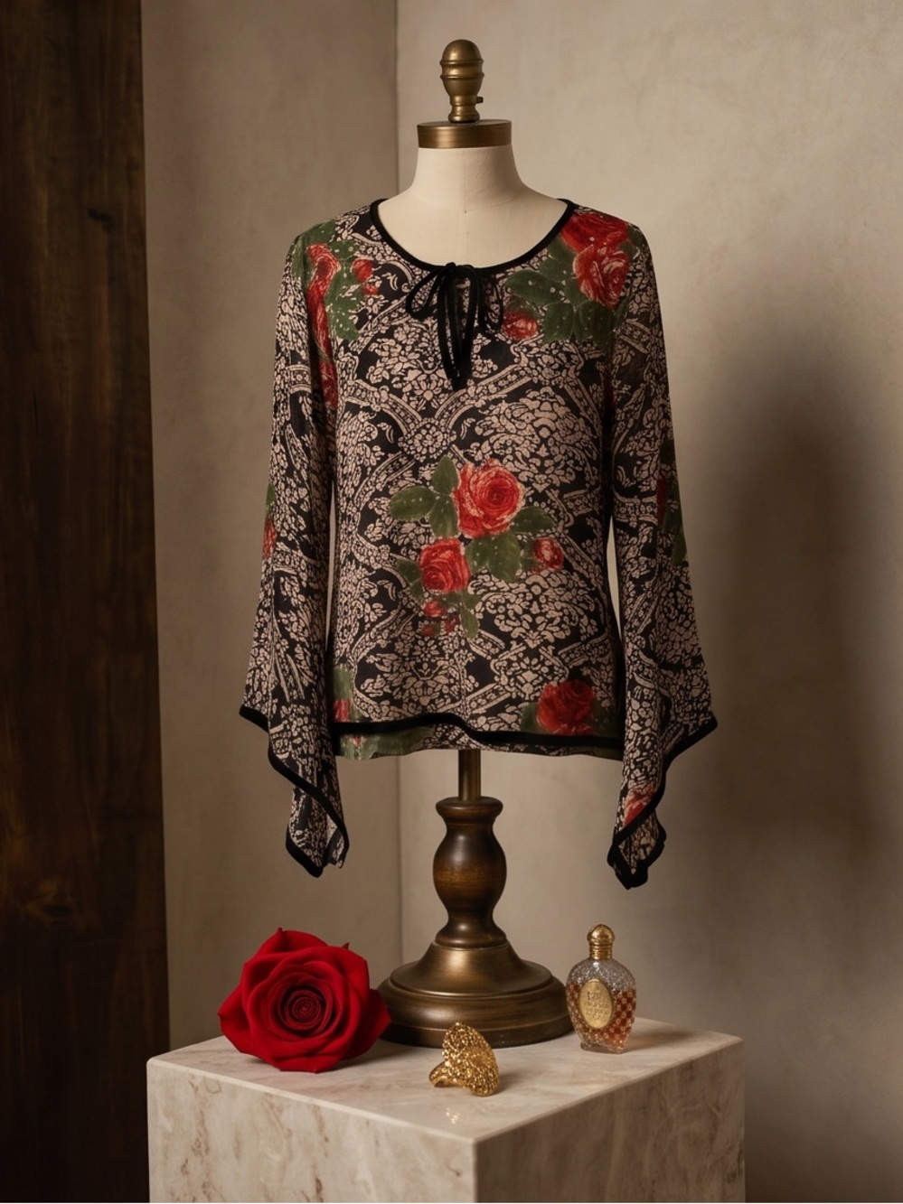 Vintage Black and Red Floral Blouse | Grandma Core | Y2K Hippie Sleeves | large